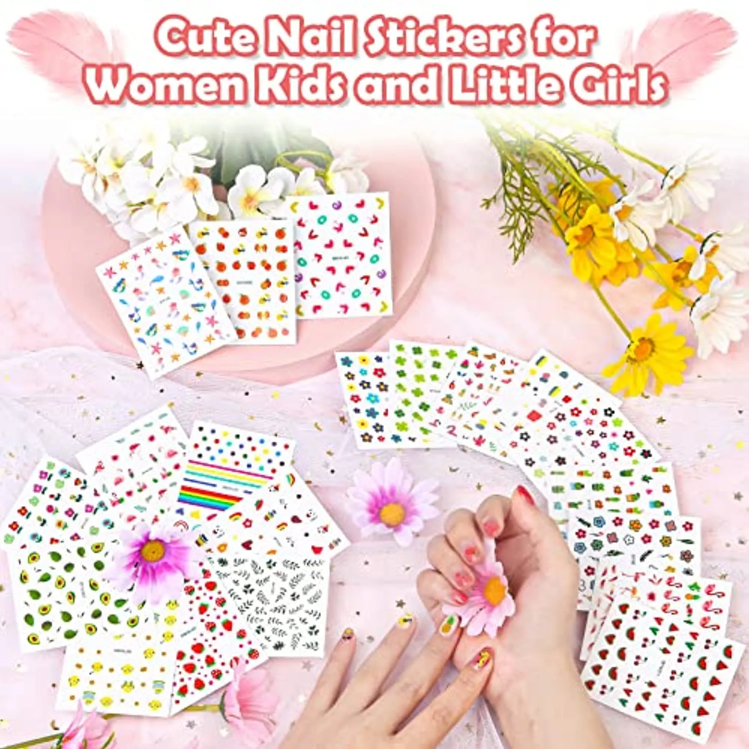 20 Sheets Nail Stickers for Girls and Women, Shynek Kids Nail Art Sticker Cute 3D Self-Adhesive Nail Kit Stickers Flowers Nail Decals for Kids Party Favors Gift for Girl Ages 7- 12