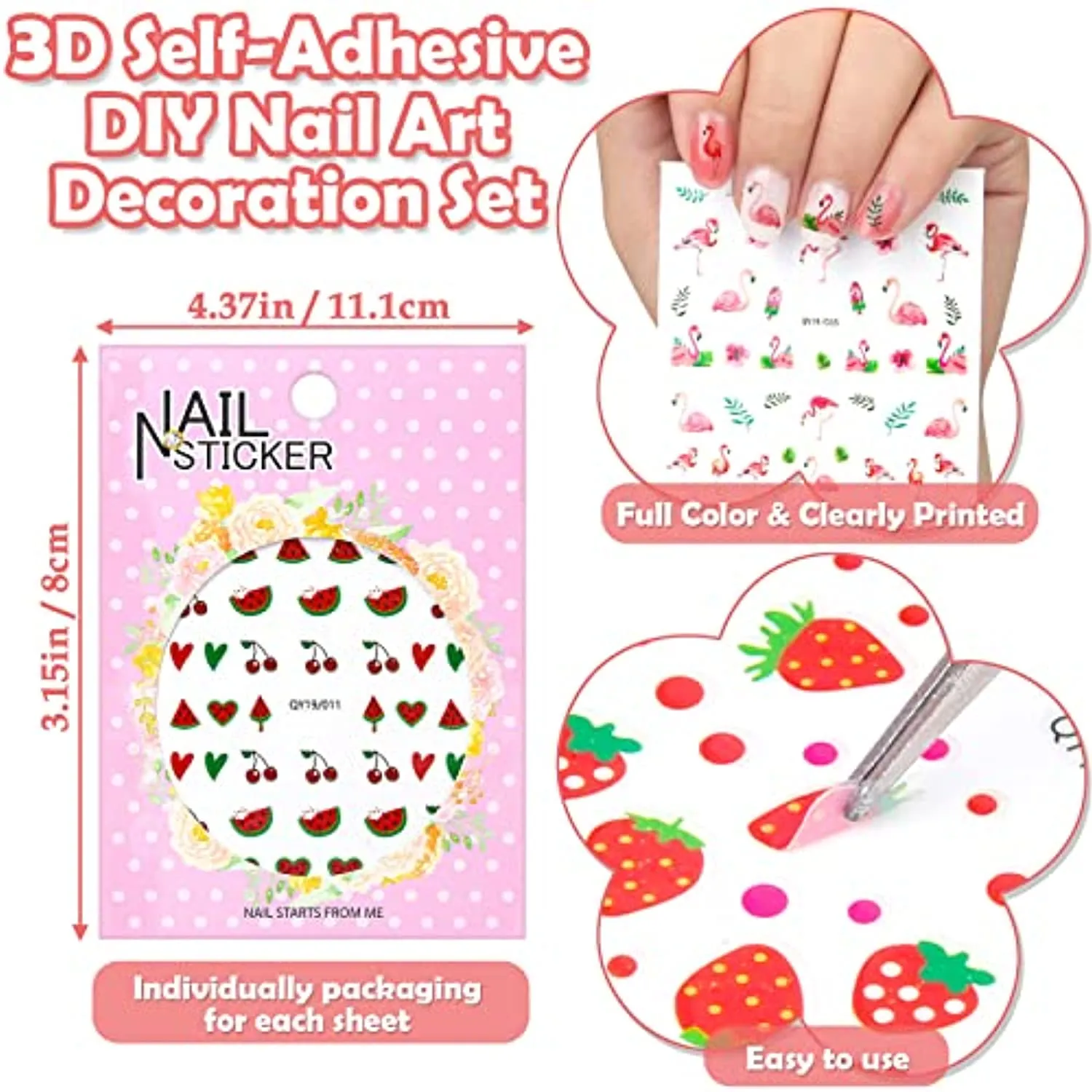 20 Sheets Nail Stickers for Girls and Women, Shynek Kids Nail Art Sticker Cute 3D Self-Adhesive Nail Kit Stickers Flowers Nail Decals for Kids Party Favors Gift for Girl Ages 7- 12