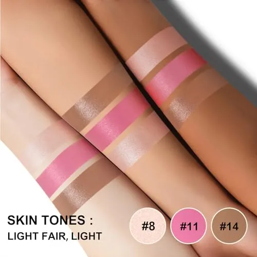 3Pcs Cream Contour Stick Makeup Kit,Shades with Highlighter Stick,Blush Stick and Bronzer Contour Stick for Sculpt the Cheeks,Long Lasting,Waterproof,Matte & Dewy Finish,1 LIGHT FAIR (#08,11,14)