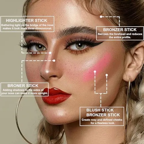 3Pcs Cream Contour Stick Makeup Kit,Shades with Highlighter Stick,Blush Stick and Bronzer Contour Stick for Sculpt the Cheeks,Long Lasting,Waterproof,Matte & Dewy Finish,1 LIGHT FAIR (#08,11,14)