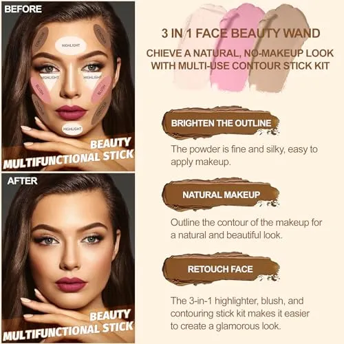 3Pcs Cream Contour Stick Makeup Kit,Shades with Highlighter Stick,Blush Stick and Bronzer Contour Stick for Sculpt the Cheeks,Long Lasting,Waterproof,Matte & Dewy Finish,1 LIGHT FAIR (#08,11,14)