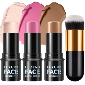 3Pcs Cream Contour Stick Makeup Kit,Shades with Highlighter Stick,Blush Stick and Bronzer Contour Stick for Sculpt the Cheeks,Long Lasting,Waterproof,Matte & Dewy Finish,1 LIGHT FAIR (#08,11,14)