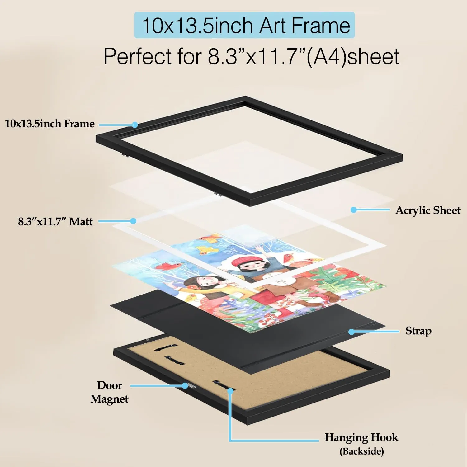 ABOUT SPACE Kids Artwork Picture Frame-Front Opening Gallery Style Horizontal Vertical A4 Photo Frame with Shatter Resistant Glass for Wall with Storage & Wall Hook - Holds 110 Pcs (Black-10" x 13.5")