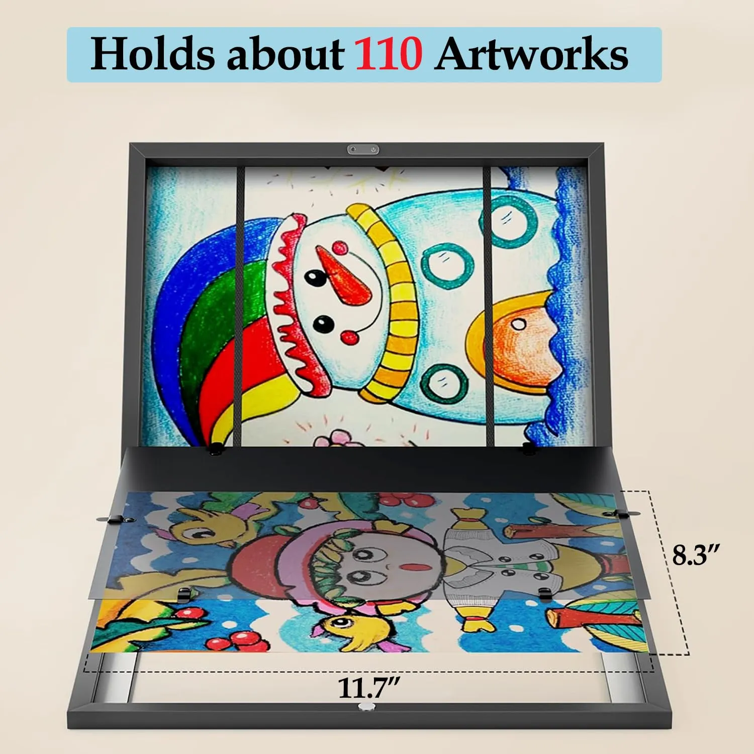 ABOUT SPACE Kids Artwork Picture Frame-Front Opening Gallery Style Horizontal Vertical A4 Photo Frame with Shatter Resistant Glass for Wall with Storage & Wall Hook - Holds 110 Pcs (Black-10" x 13.5")