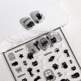 Adorable Kitten Nail Art Stickers Adhesive Embossed Black Cat Sticker Decals Paw Tips Decoration TS3685
