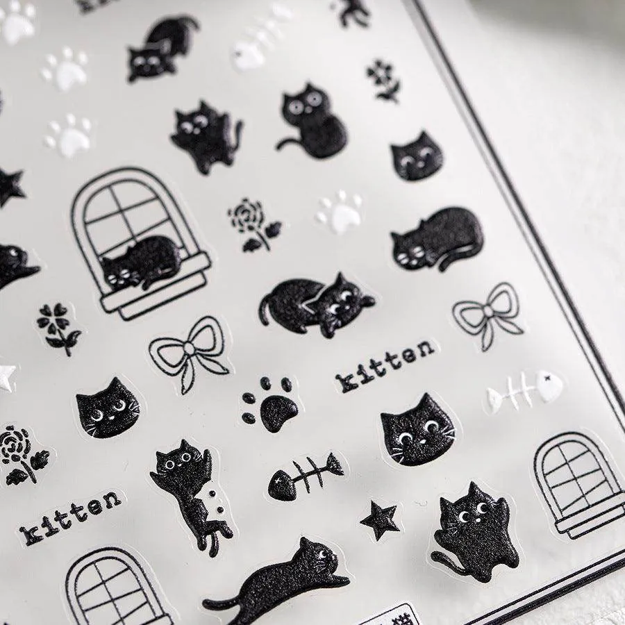 Adorable Kitten Nail Art Stickers Adhesive Embossed Black Cat Sticker Decals Paw Tips Decoration TS3685
