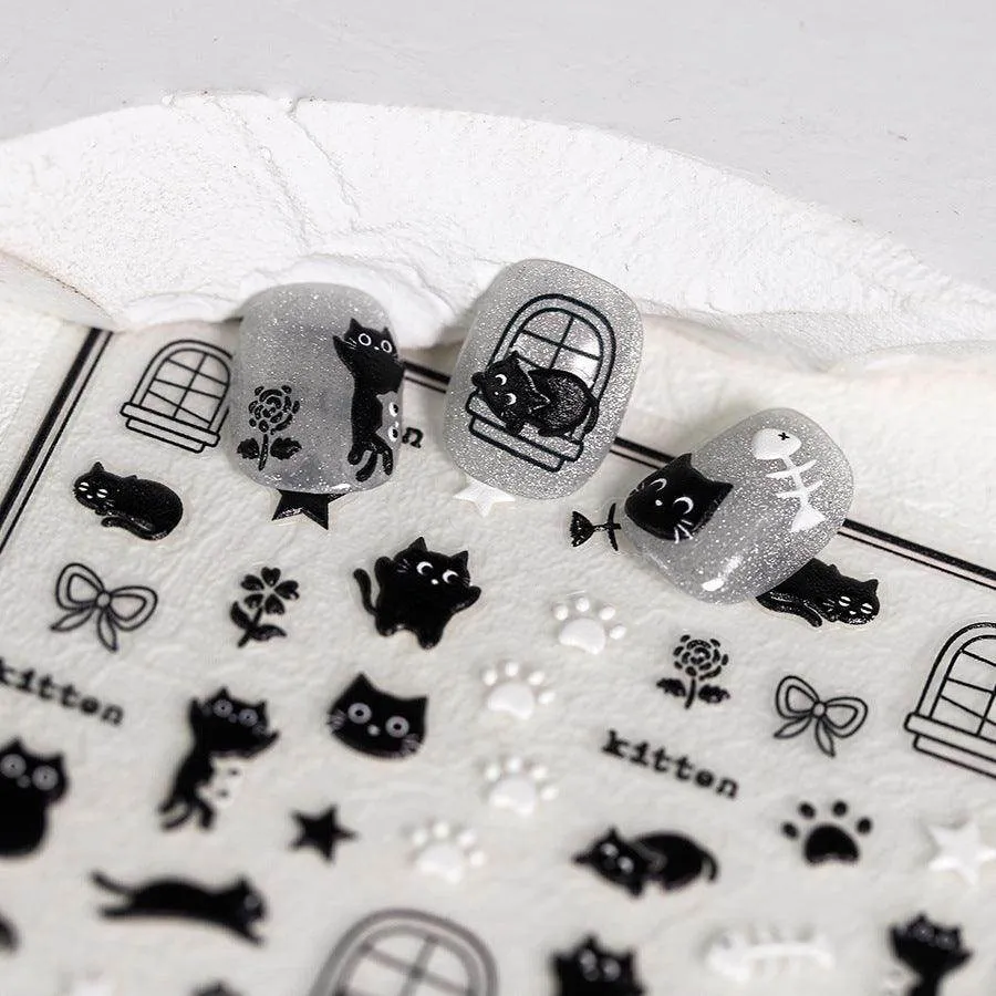 Adorable Kitten Nail Art Stickers Adhesive Embossed Black Cat Sticker Decals Paw Tips Decoration TS3685