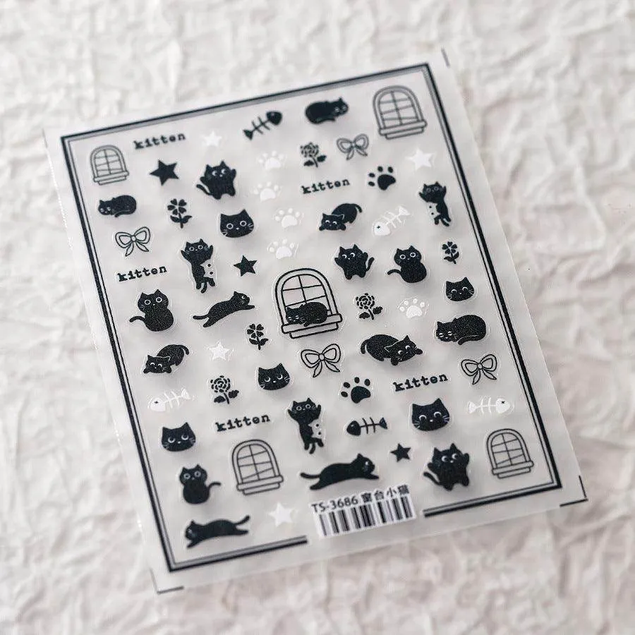 Adorable Kitten Nail Art Stickers Adhesive Embossed Black Cat Sticker Decals Paw Tips Decoration TS3685