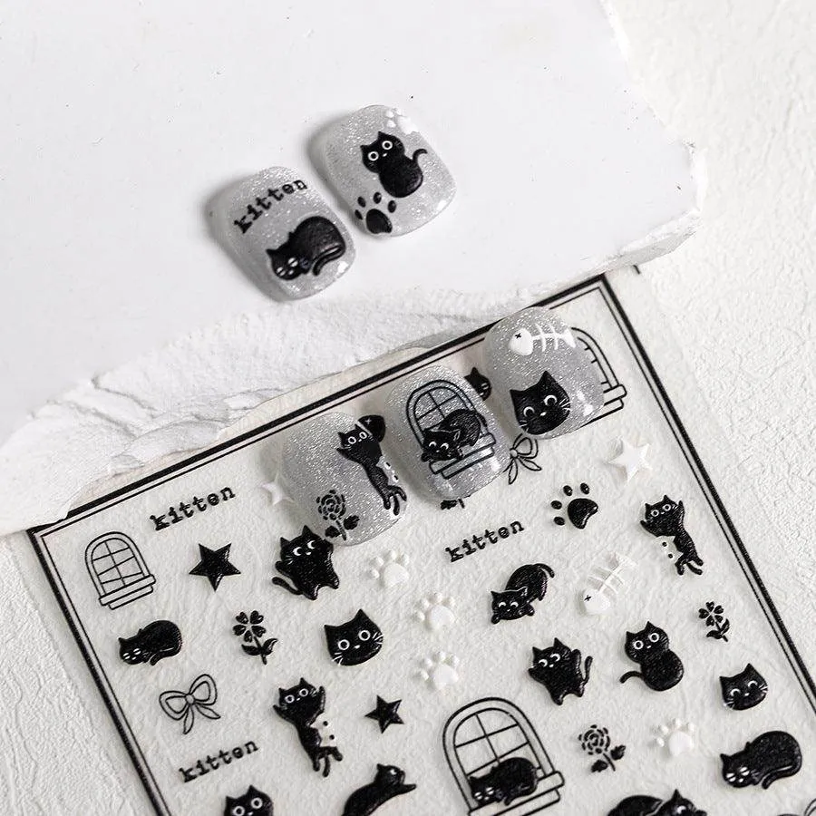 Adorable Kitten Nail Art Stickers Adhesive Embossed Black Cat Sticker Decals Paw Tips Decoration TS3685