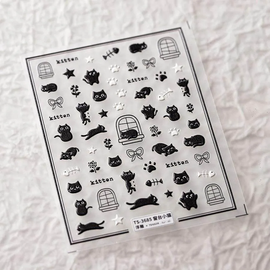 Adorable Kitten Nail Art Stickers Adhesive Embossed Black Cat Sticker Decals Paw Tips Decoration TS3685