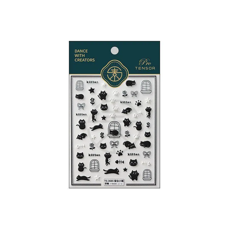 Adorable Kitten Nail Art Stickers Adhesive Embossed Black Cat Sticker Decals Paw Tips Decoration TS3685