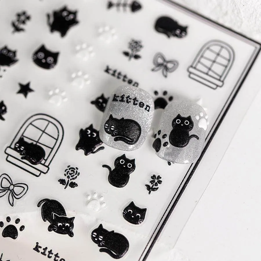 Adorable Kitten Nail Art Stickers Adhesive Embossed Black Cat Sticker Decals Paw Tips Decoration TS3685