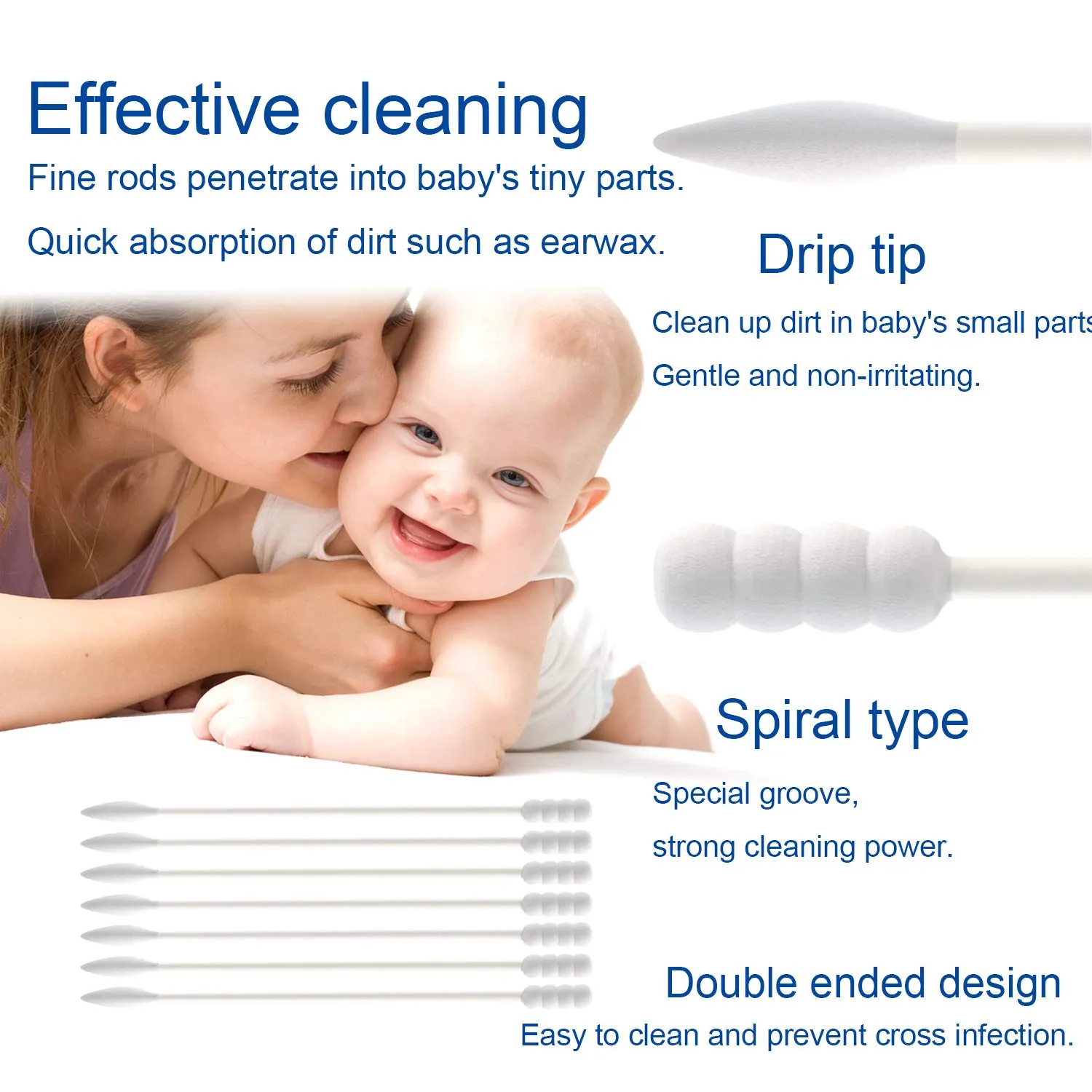 Baby Cotton Swabs, Paper Sticks Cotton Buds for Baby Ear Nose Clean-200Pcs(Spiral and Pointed) Baby200Pcs