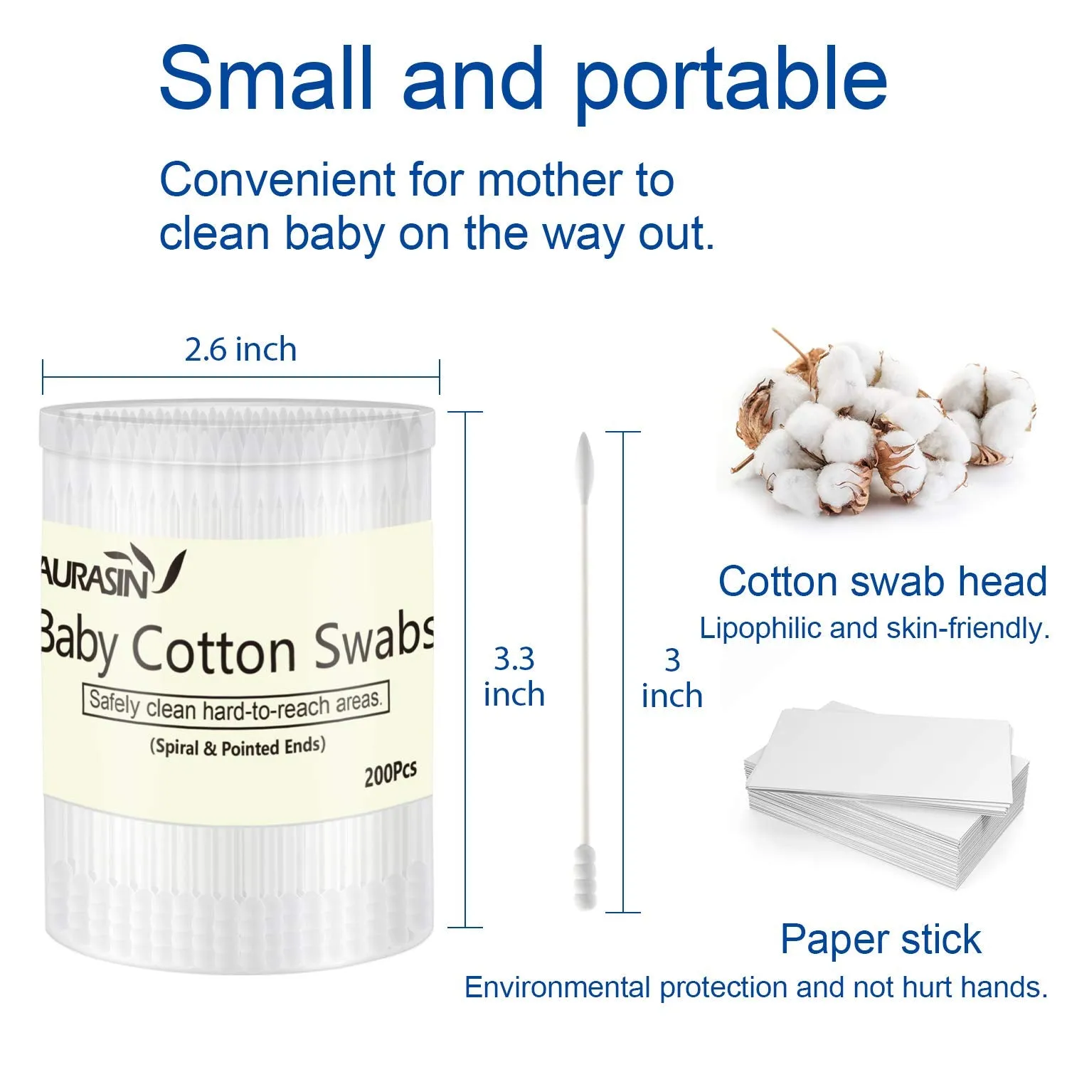 Baby Cotton Swabs, Paper Sticks Cotton Buds for Baby Ear Nose Clean-200Pcs(Spiral and Pointed) Baby200Pcs