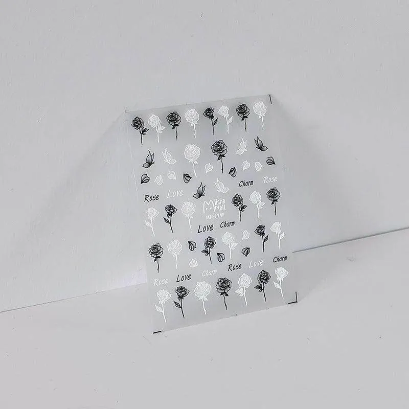 Black Rose Flower Nail Art Stickers Adhesive Slider Embossed White Rose Sticker Decals