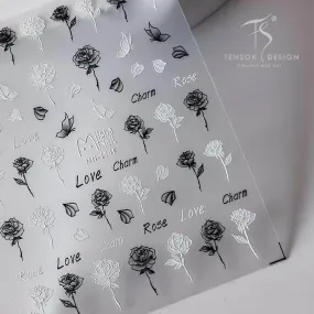 Black Rose Flower Nail Art Stickers Adhesive Slider Embossed White Rose Sticker Decals