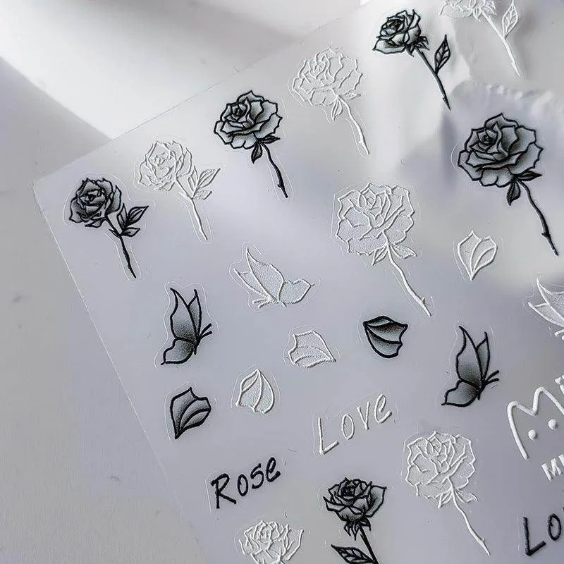 Black Rose Flower Nail Art Stickers Adhesive Slider Embossed White Rose Sticker Decals