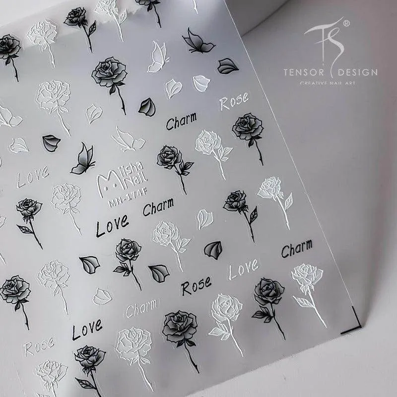 Black Rose Flower Nail Art Stickers Adhesive Slider Embossed White Rose Sticker Decals