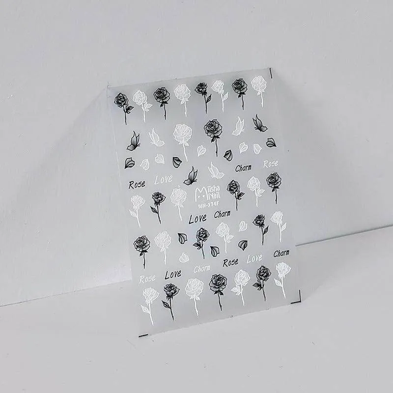 Black Rose Flower Nail Art Stickers Adhesive Slider Embossed White Rose Sticker Decals