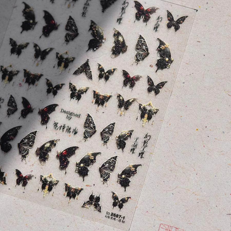 Black White Nail Art Stickers Adhesive Butterfly Wings Embossed Sticker Decals to3953