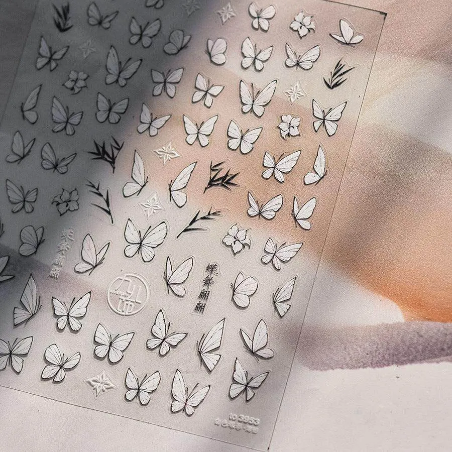 Black White Nail Art Stickers Adhesive Butterfly Wings Embossed Sticker Decals to3953
