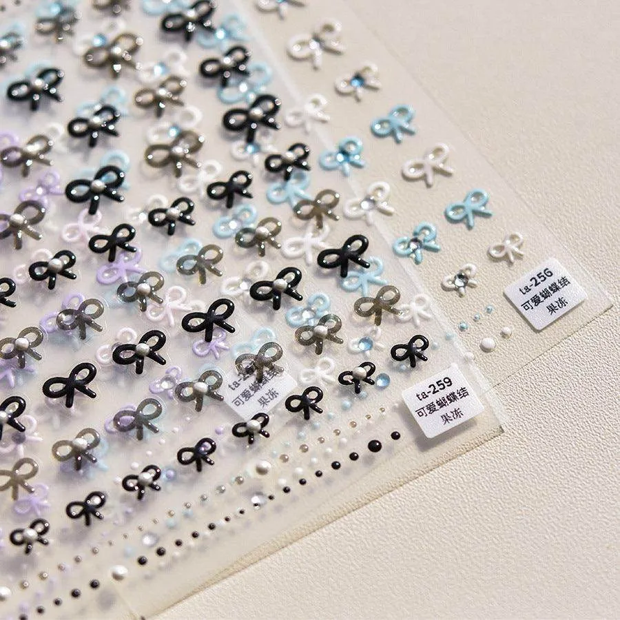Bow With Rhinestone Pearl Nail Art Stickers Adhesive Embossed Sticker Decals TA256