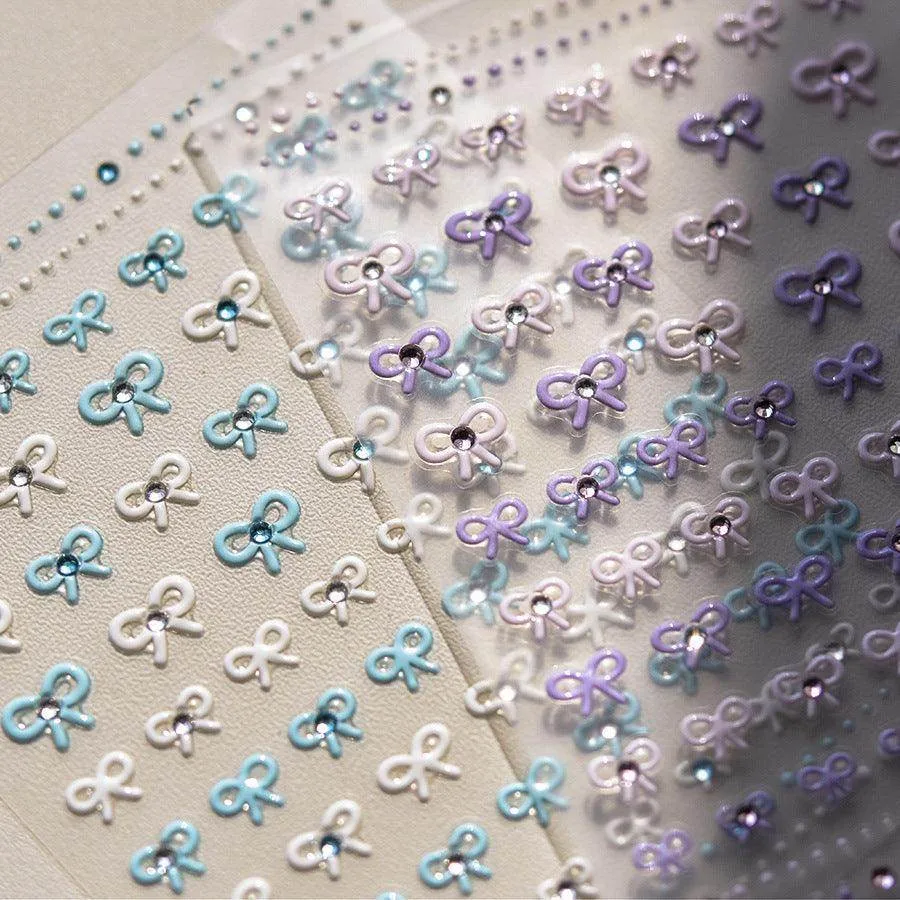 Bow With Rhinestone Pearl Nail Art Stickers Adhesive Embossed Sticker Decals TA256