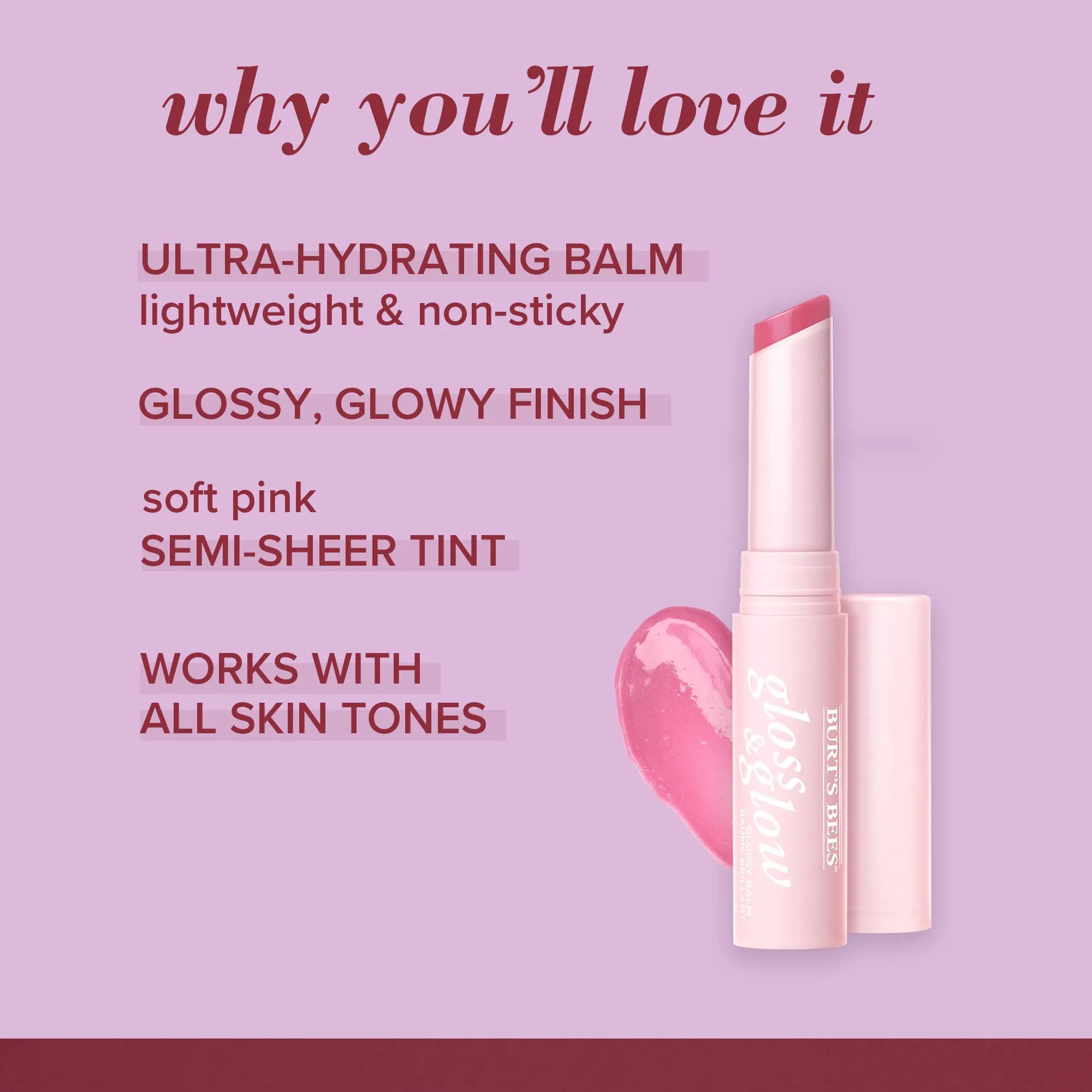 Burt's Bees Gloss and Glow Glossy Balm, 100% Natural Origin, Winning in Pink, 1 Tube