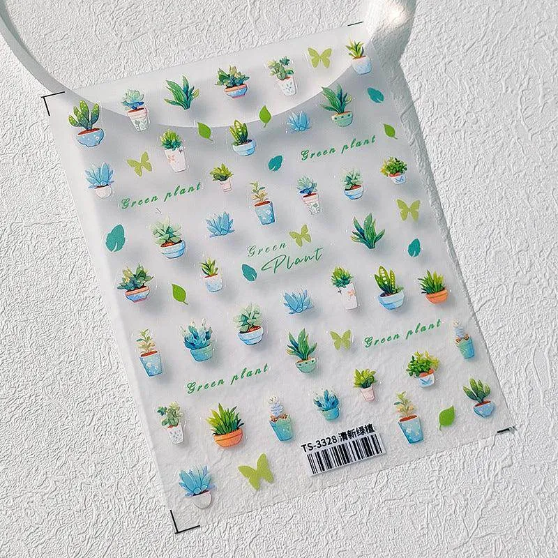 Cactus Nail Art Stickers Adhesive Slider Green Plant Leaf Embossed Sticker Decals