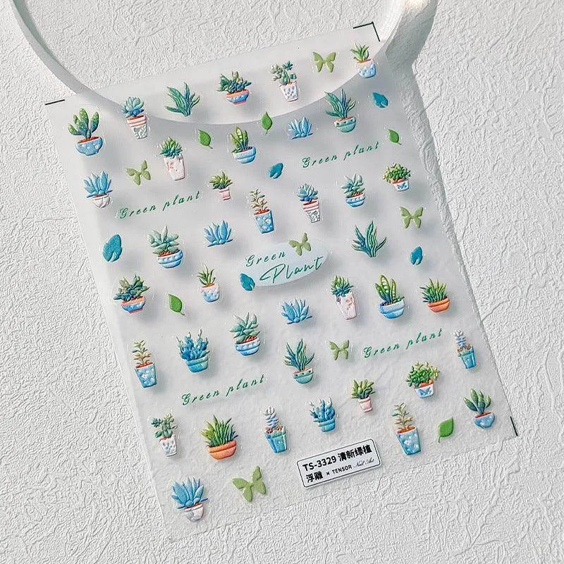 Cactus Nail Art Stickers Adhesive Slider Green Plant Leaf Embossed Sticker Decals
