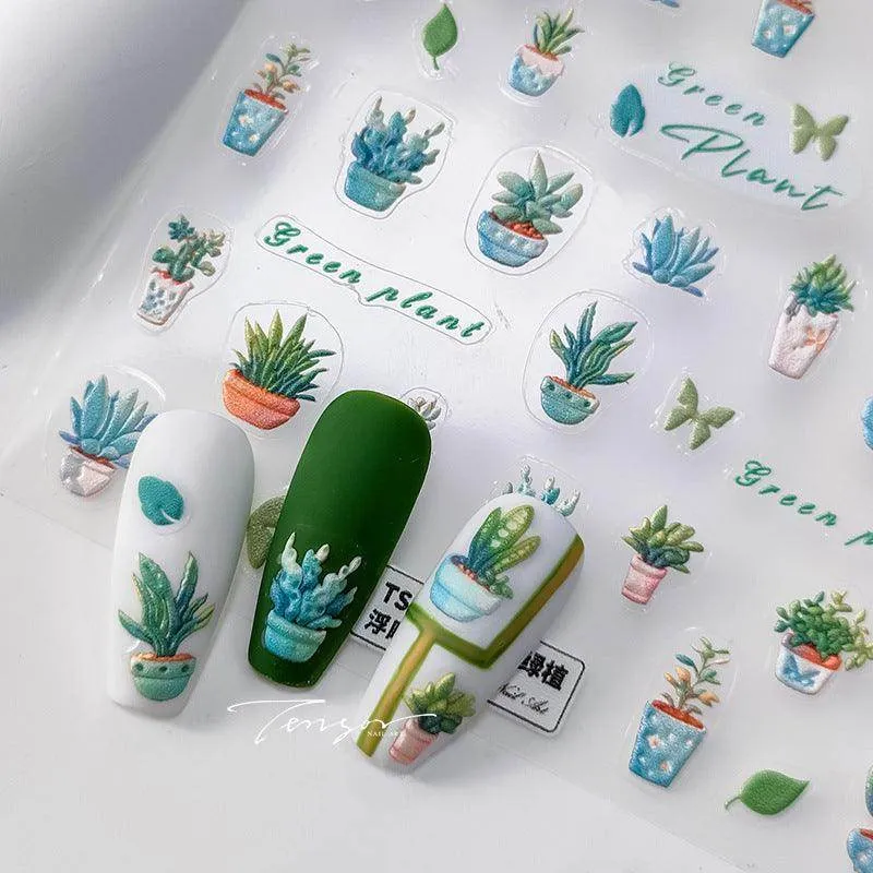 Cactus Nail Art Stickers Adhesive Slider Green Plant Leaf Embossed Sticker Decals