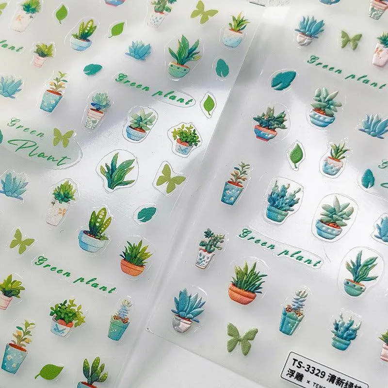 Cactus Nail Art Stickers Adhesive Slider Green Plant Leaf Embossed Sticker Decals