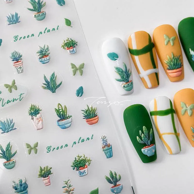 Cactus Nail Art Stickers Adhesive Slider Green Plant Leaf Embossed Sticker Decals