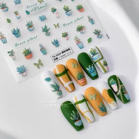 Cactus Nail Art Stickers Adhesive Slider Green Plant Leaf Embossed Sticker Decals