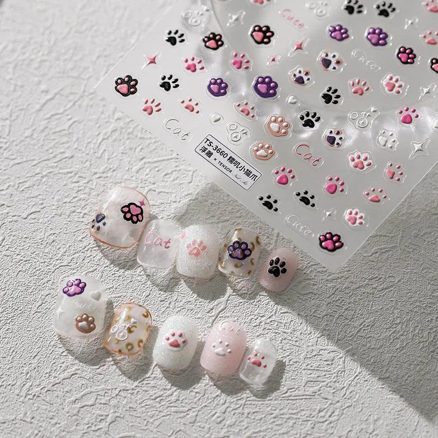 Cartoon Claw Nail Art Stickers Adhesive Embossed Cute Paw Sticker DecalsTS3660
