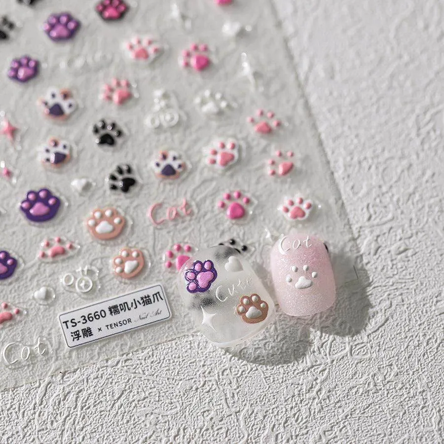 Cartoon Claw Nail Art Stickers Adhesive Embossed Cute Paw Sticker DecalsTS3660