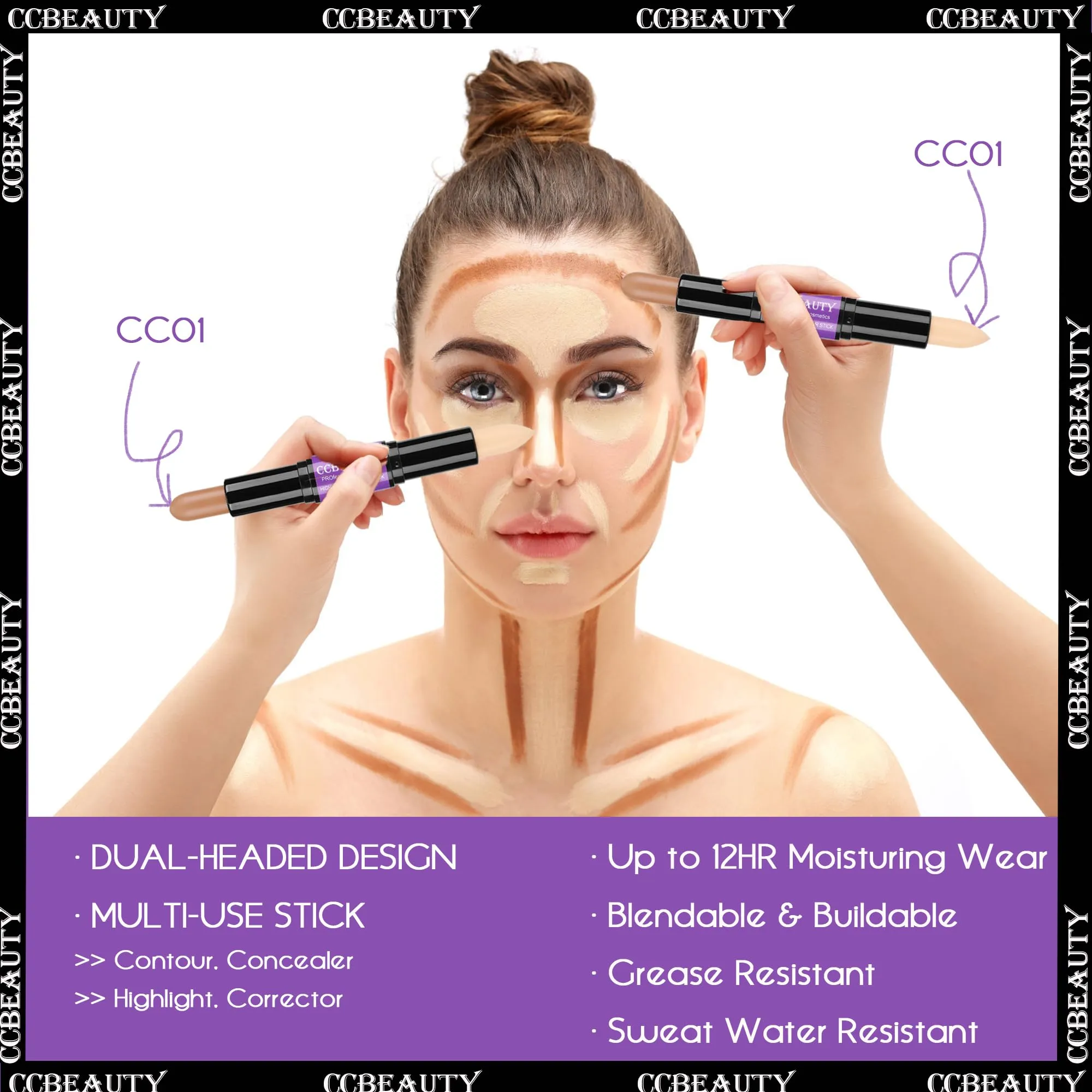 CCbeauty 2-IN-1 Matte Contour Stick Makeup,Cream Dual Highlighter Bronzer Stick, Highlighting & Contouring Kit, Highlight Concealer Sticks for Face Shaping, Long Lasting & Waterproof