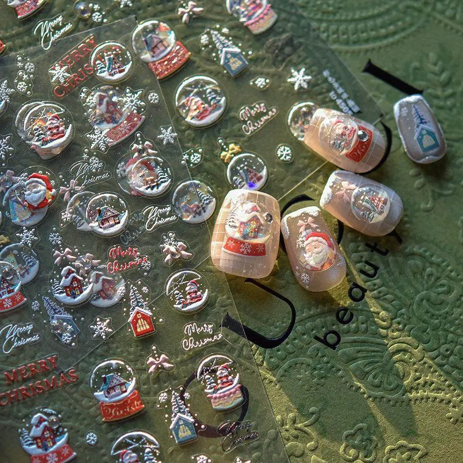 Christmas Crystal Balls Nail Art Stickers Xmas Snowflake Adhesive Embossed Sticker Decals