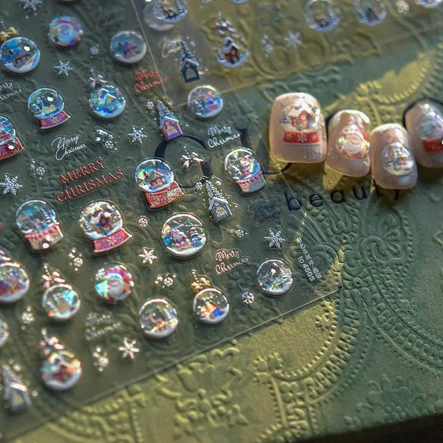 Christmas Crystal Balls Nail Art Stickers Xmas Snowflake Adhesive Embossed Sticker Decals