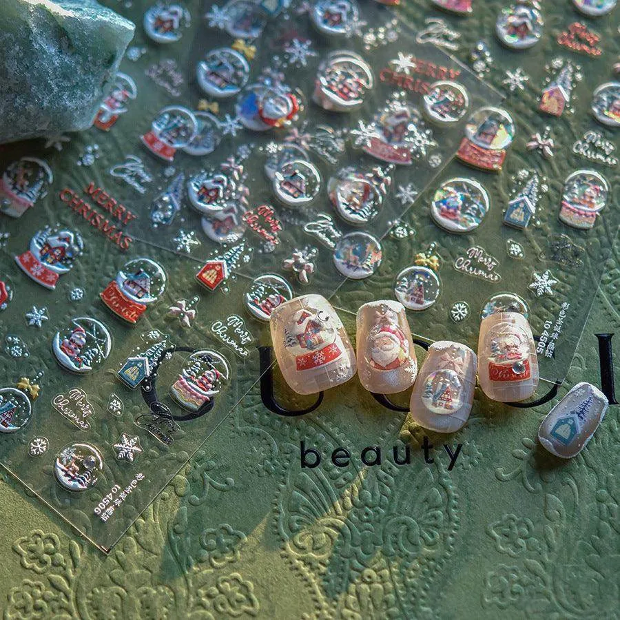 Christmas Crystal Balls Nail Art Stickers Xmas Snowflake Adhesive Embossed Sticker Decals