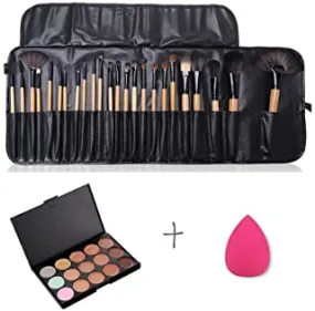 FantasyDay Professional 15 Colors Cream Concealer Camouflage Makeup Palette Contouring Kit   24 Pcs Makeup Brushes   1 Sponge Puff - Ideal for Professional and Daily Use