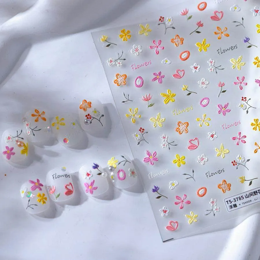 Flowers Nail Art Stickers Floral Adhesive Embossed Sticker Decals TS3785