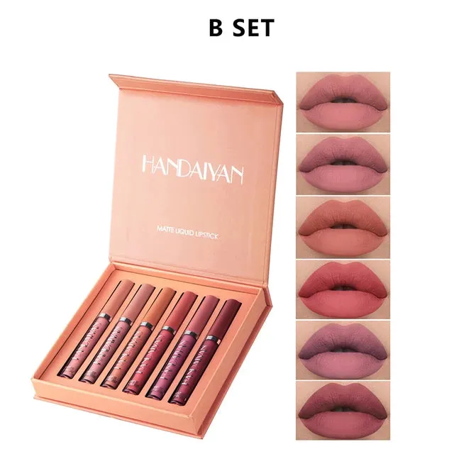 HANDAIYAN 6Colors/Sets Matte Liquid Lip Glaze Sets Natural Moisturizer Waterproof Velvet Lip Glosses Makeup TSLM2