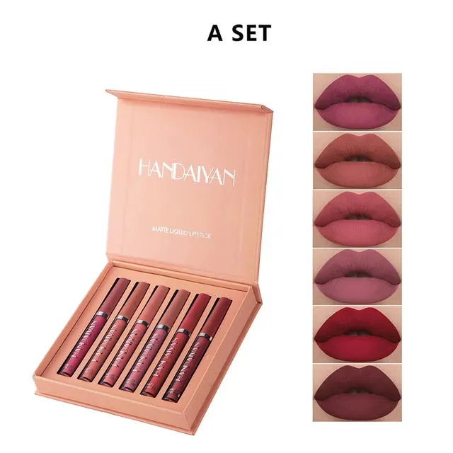 HANDAIYAN 6Colors/Sets Matte Liquid Lip Glaze Sets Natural Moisturizer Waterproof Velvet Lip Glosses Makeup TSLM2