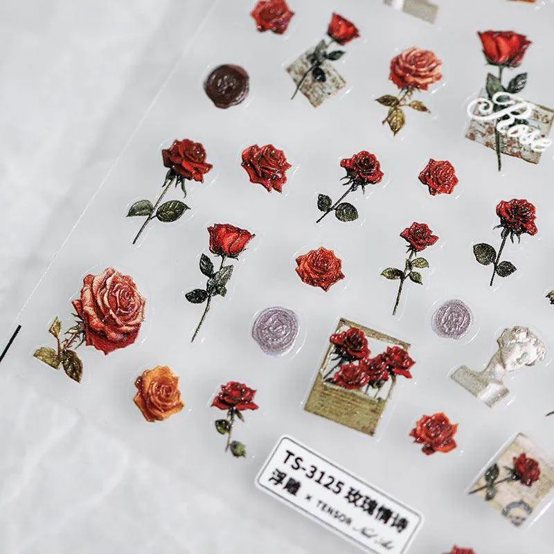 Love Rose Nail Art Stickers Adhesive Sliders Valentine's Day Flower Embossed Sticker Decals