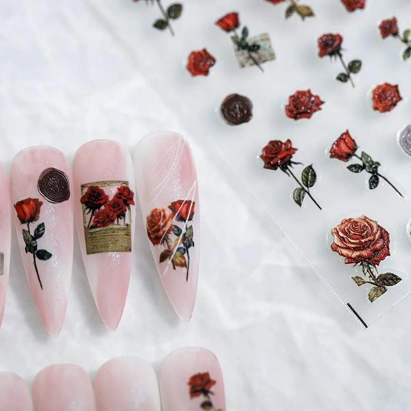 Love Rose Nail Art Stickers Adhesive Sliders Valentine's Day Flower Embossed Sticker Decals