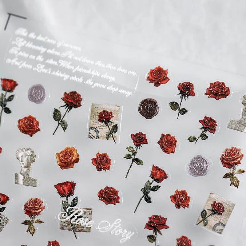 Love Rose Nail Art Stickers Adhesive Sliders Valentine's Day Flower Embossed Sticker Decals