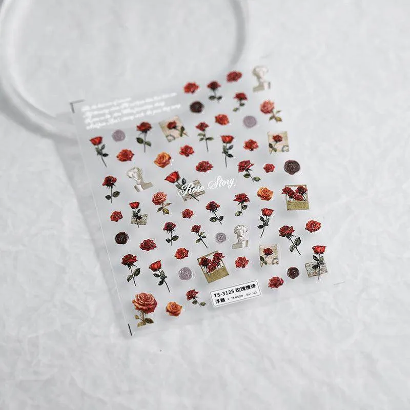 Love Rose Nail Art Stickers Adhesive Sliders Valentine's Day Flower Embossed Sticker Decals