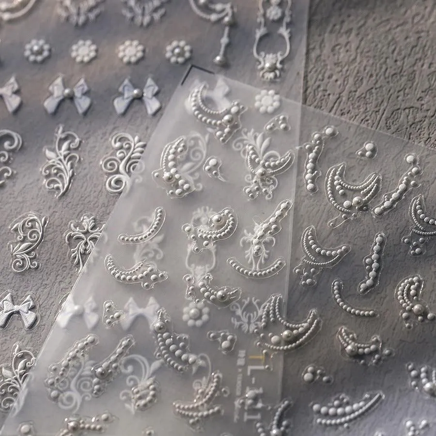 Nail Art Stickers Adhesive Slider Embossed Pearl Lace Sticker Decals TL121