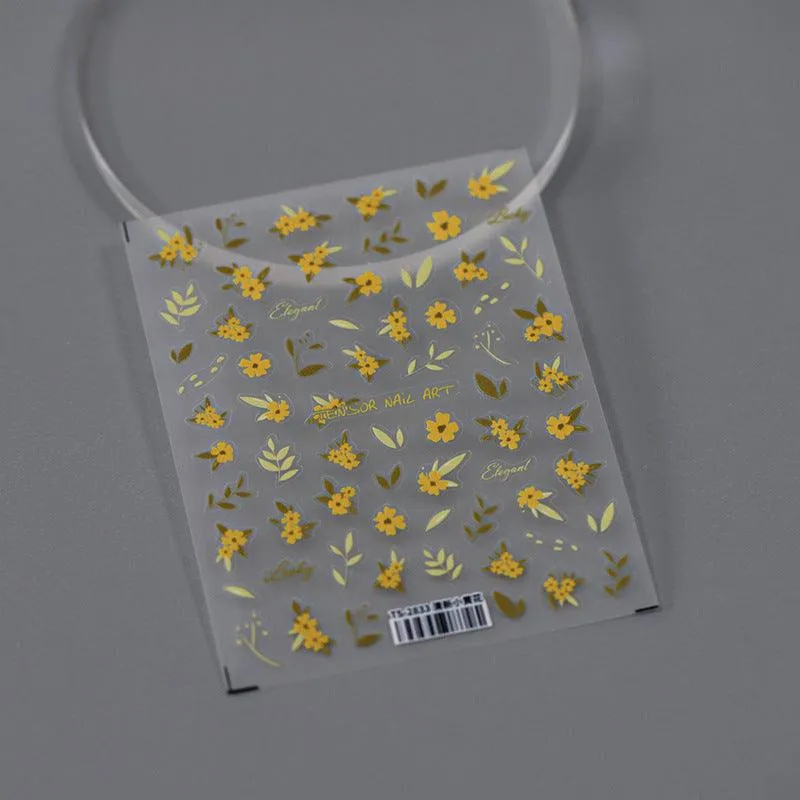 Nail Art Stickers Adhesive Slider Embossed Yellow Flower Sticker Decals TS2833